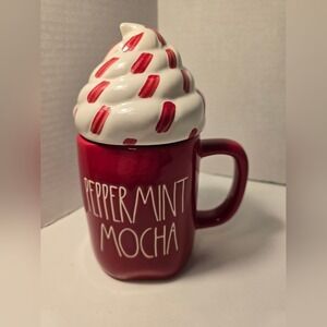 Rae Dunn Red Mug with Peppermint Swirl Lid